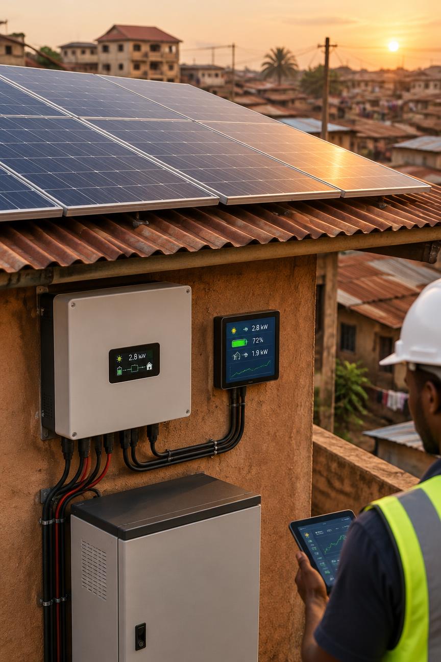 A technician checking readings on a rooftop solar mini-grid installation